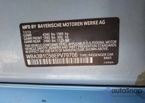 2014 BMW 328I from USA, damaged, VIN WBA3C1C56EAV79706